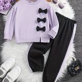 Girls 2pcs Sweatshirt & Elastic Waist Pants Set Bow Decor Long Sleeve Pullover Top Casual Kids Clothes Spring Fall