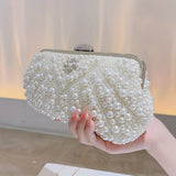 Luxurious Faux Pearl & Diamond Shell Pattern Clutch Bag - Buckle Closure, Metal Chain Strap, Polyester Lining, Solid Color, Party Perfect for Wedding, Evening Events - Elegant and Chic Handbag