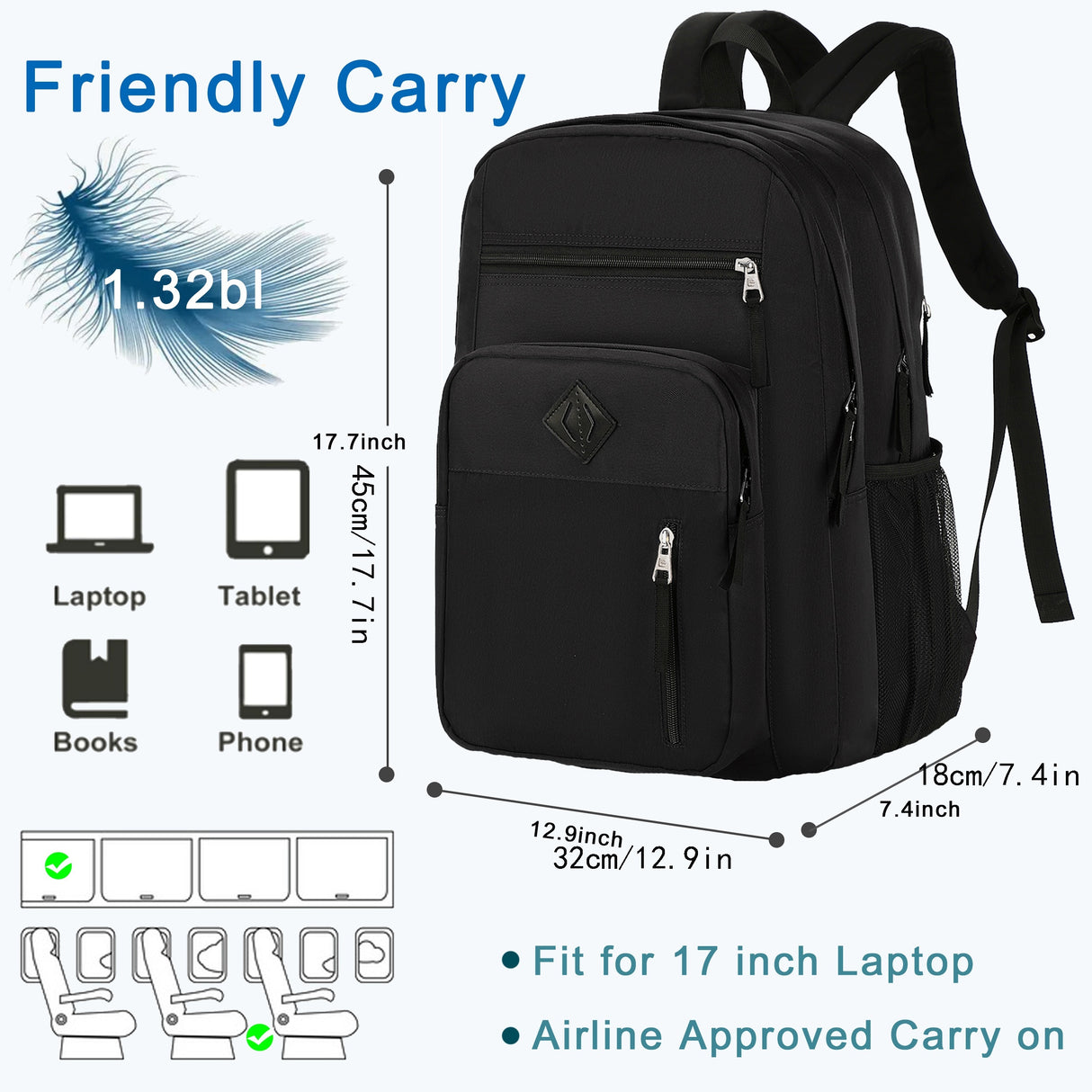 Laptop Backpack 17 inch for Women Men Large College Bookbags Waterpoof Work Business Travel Backpacks Kids School Bag for Girls Boys Students Teens Elementary Schoolbag Casual Daypack Sport -Black