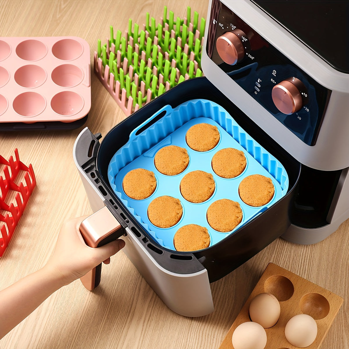 [9-Cavity Cake Mold Air Fryer Set] 1set, Premium Square Air Fryer Silicone Set - Bacon & Hot Dog Rack, 9-Cavity Cake Mold, Air Fryer Pan - BPA-Free, Dishwasher Safe - Compatible With 7QT+ Air Fryers