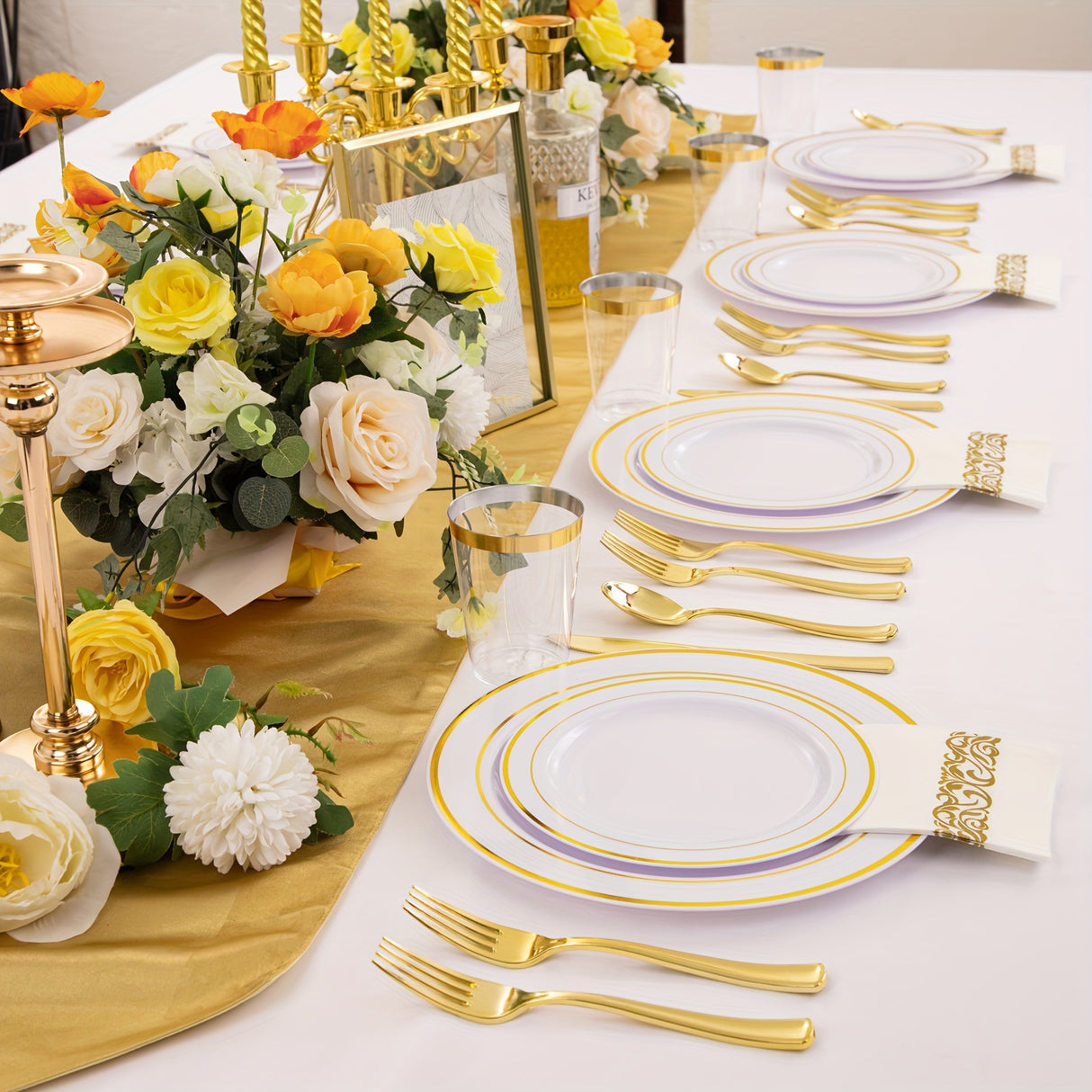 500 Pcs Golden Plastic Plates with Golden Silverware, White Golden Plastic Dinnerware Set for Party include: 100 Dinner Plates 10.25 inch, 100 Dessert Plates 7.5 inch, 100 Golden Silverware Sets