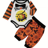 2-Piece Baby Boy Halloween Set Bow Tie Letter Pumpkin Ghost Long Sleeve Romper Long Pants Contrast Color Outfits