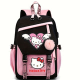 Sanrio Hello Kitty Backpack for Women, Preppy Style Oxford Textile with Adjustable Straps, Cartoon Character Themed, Stain-Resistant with Angel Wings Design, Zipper Closure and Polyester Lining, Animal Print Fashion School Ba