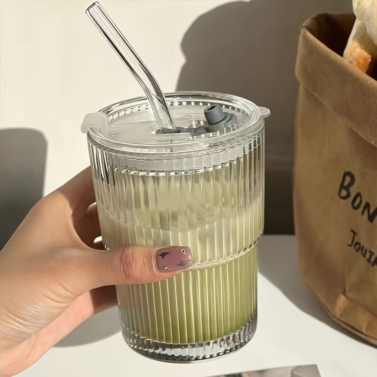 1pc Ribbed Glass Tumbler With Lid And Straw, Origami Style Drinking Glass, Iced Coffee Cups, Summer Winter Drinkware, Travel Accessories