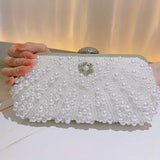 Luxurious Faux Pearl & Diamond Shell Pattern Clutch Bag - Buckle Closure, Metal Chain Strap, Polyester Lining, Solid Color, Party Perfect for Wedding, Evening Events - Elegant and Chic Handbag