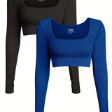 OQQ Women's 2 Piece Crop Top Ribbed Seamless Workout Exercise Long Sleeve Crop Tops