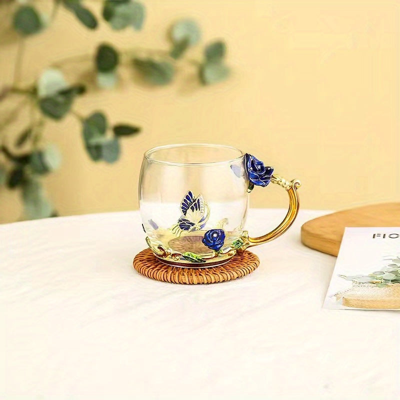 1pc, Exquisite Rose Enamel Butterfly Tea Cup - Heat Resistant, Clear Glass, Painted Flower Design, Elegant Coffee Mug, Tumbler, Ideal Breakfast Drinking Glass, Perfect Gift for Tea Lovers