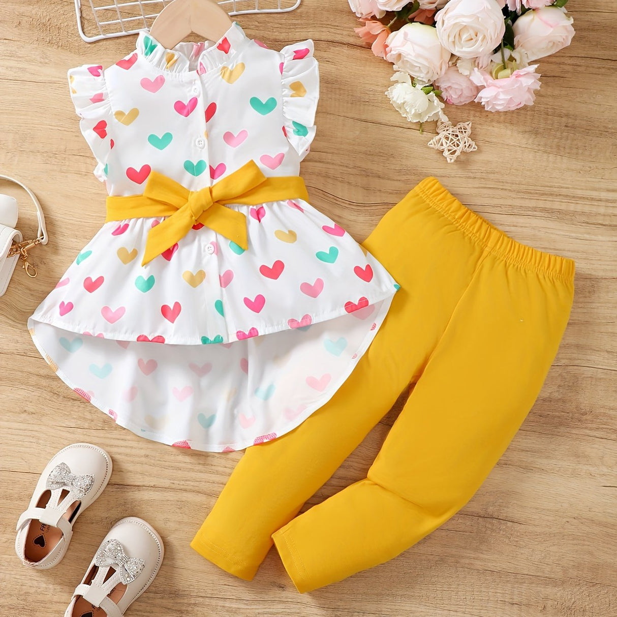 Little Girls Polka Dot 2pcs Ruffle Sleeveless Peplum Blouse Top & Legging Pants Set