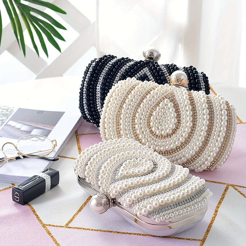 Elegant Striped Fabric Clutch Bag with Beaded Embellishment - Adjustable Strap, Lining, Buckle Closure - Perfect for Wedding Party, Prom, Formal Evening Events