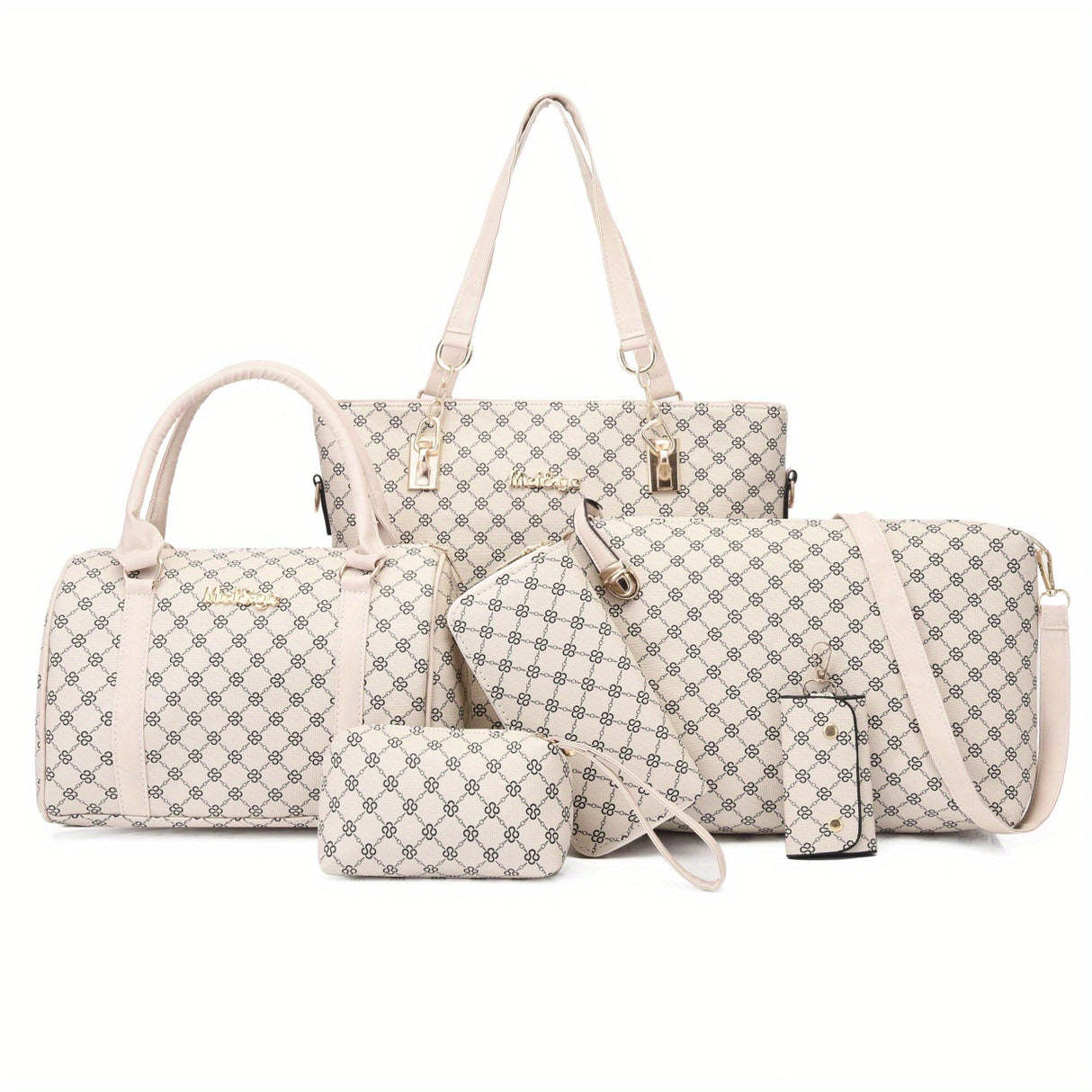 6pcss/set Designer Inspired PU Leather Keychain Wallet Set: Wristlet, Handbag, Crossbody, Tote, Duffle Bag