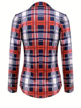 Casual Long Sleeve V Neck Plaid Print Drawstring Blouse - Women's Clothing