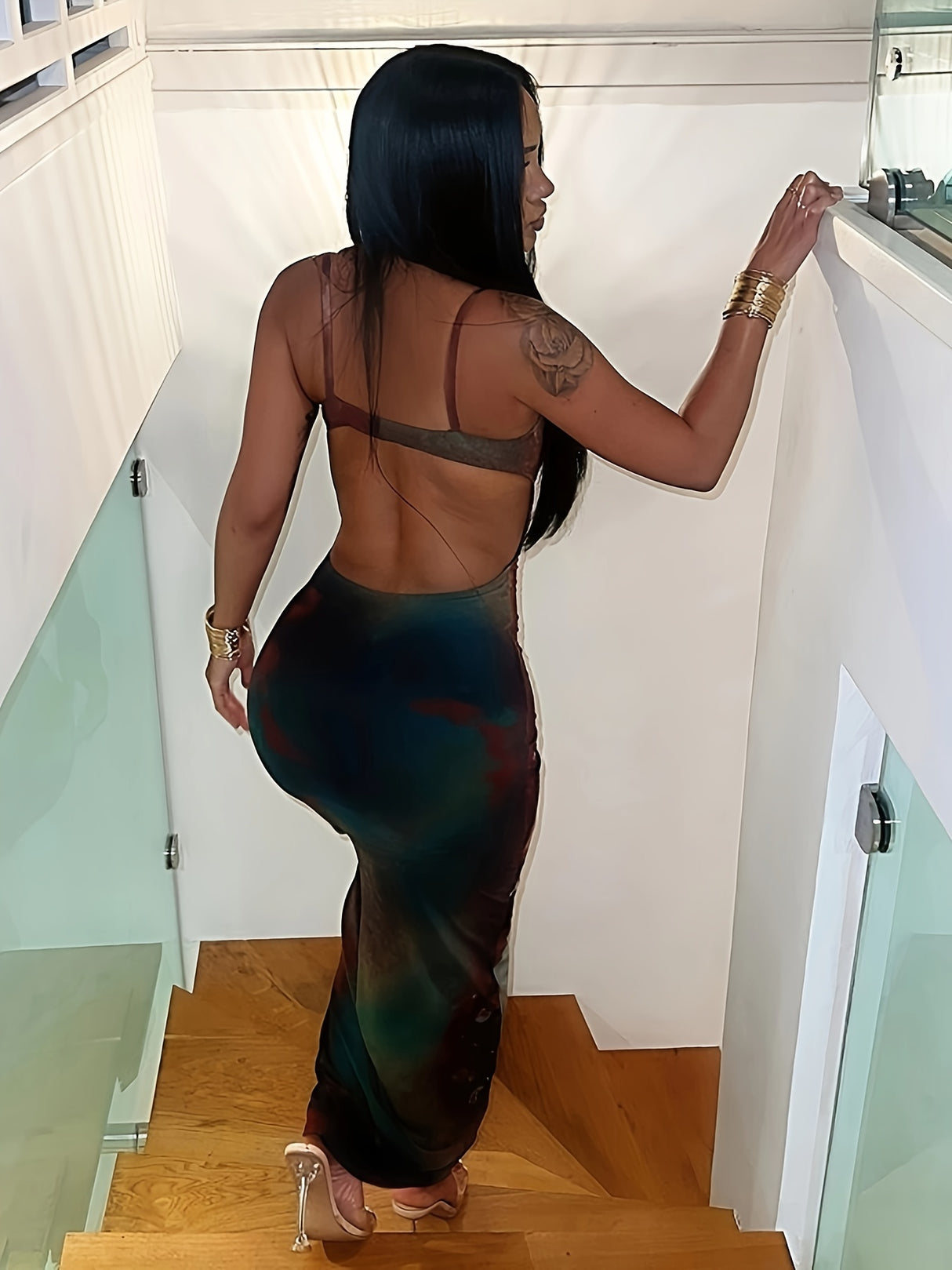 Alluring Appeal] Chic Off-Shoulder Backless Bodycon Dress for Women - Vintage-Inspired Tie-Dye Print, Sexy Spaghetti Strap Design, Perfect for Spring/Summer Events, Autumn Party Wear|Backless Evening Wear|Knitted Texture