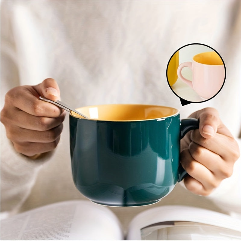 1pc Large-Capacity Solid Color Ceramic Mug - Coffee Cups & Mugs for Breakfast, Oatmeal, Coffee, Tea, and Water - Creative Household Essentials with Durable Design and Easy Grip Handle