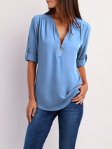 Solid V Neck Blouse, Casual Ruched Rollable Sleeve Half Zip Blouse, Women's Clothing