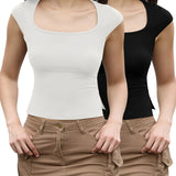 2-Park Short Sleeve Tight Shirts For Women Sexy Going Out Crop Tops Summer Basic Cute Slim Fit T-Shirts