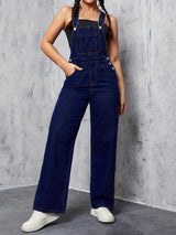 Womens Overalls Denim Straight Plain Washed Blue Jeans Overall Loose Fit Jean Jumpsuits Adjustable Straps