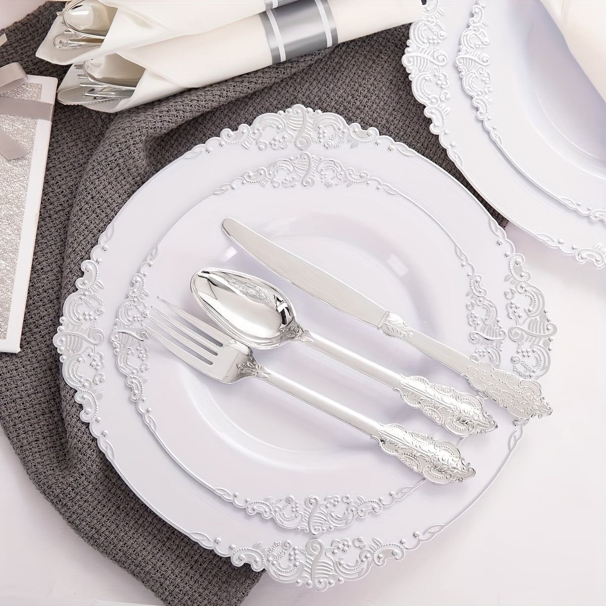 350PCS Silver Plastic Plates&Pre Rolled Napkins for 50 Guests, Plastic Dinerware Set 100 Silver Disposable Plates, 150 Silver Silverware, 50Cups and 50Napkins for Wedding&Party