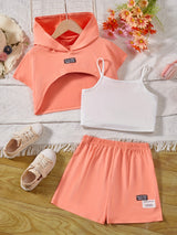 Girl's Stylish 3pcs, Hooded T-shirt & Camisole & Shorts Set, CALIFORNIA Patched Short Sleeve Top, Casual Outfits, Kids Clothes For Summer
