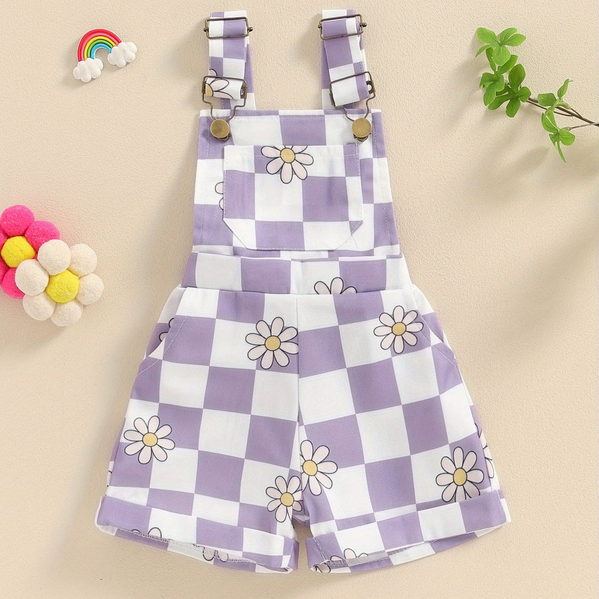 Adorable Toddler Baby Girl Summer Romper - Sleeveless Checkerboard Floral Print Jumpsuit with Pocket, Casual Overalls Shorts for Newborn, Cute Clothes for Little Princesses, Perfect for Outdoor Play and Special Occasions