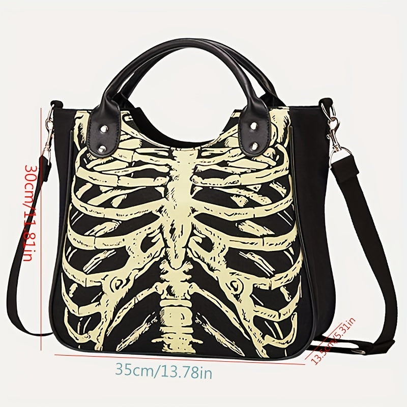 Halloween Skeleton Print Handbag, Luminous Horror Night Canvas Crossbody Bag, Gothic Ghost Skull Elf Tote Bag - Perfect for Carnival Mardi Gras Music Festival