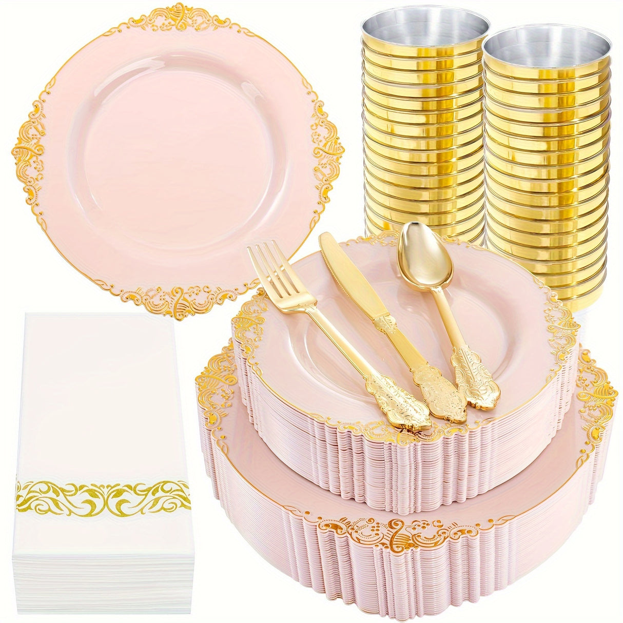 350PCS Pink and Golden Plastic Plates - Pink Plastic Dinnerware Sets for 50 Guests - 100 Pink Disposable Plates, 150 Golden Plastic Silverware, 50 Cups, 50 Napkins for Wedding & Mother's Day