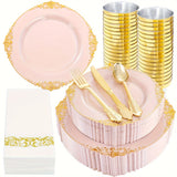 350PCS Pink and Golden Plastic Plates - Pink Plastic Dinnerware Sets for 50 Guests - 100 Pink Disposable Plates, 150 Golden Plastic Silverware, 50 Cups, 50 Napkins for Wedding & Mother's Day
