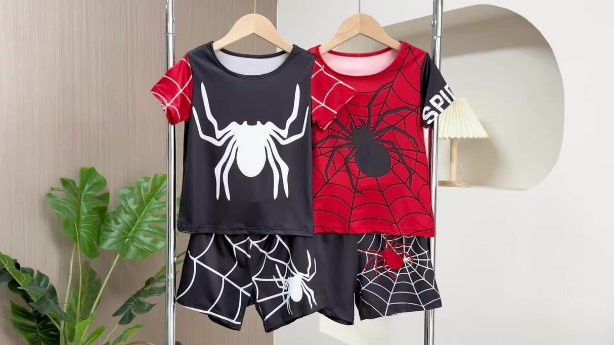 4pcs Youngsters' Spider Graphic Polyester Casual Outfit Set - Spring/Summer Knit Fabric Animal Pattern T-Shirt and Shorts with Skinny Fit for Boys, for Outdoor, Short-sleeved Suit, Youngsters's Summer Sports, Boys' Clothes, P