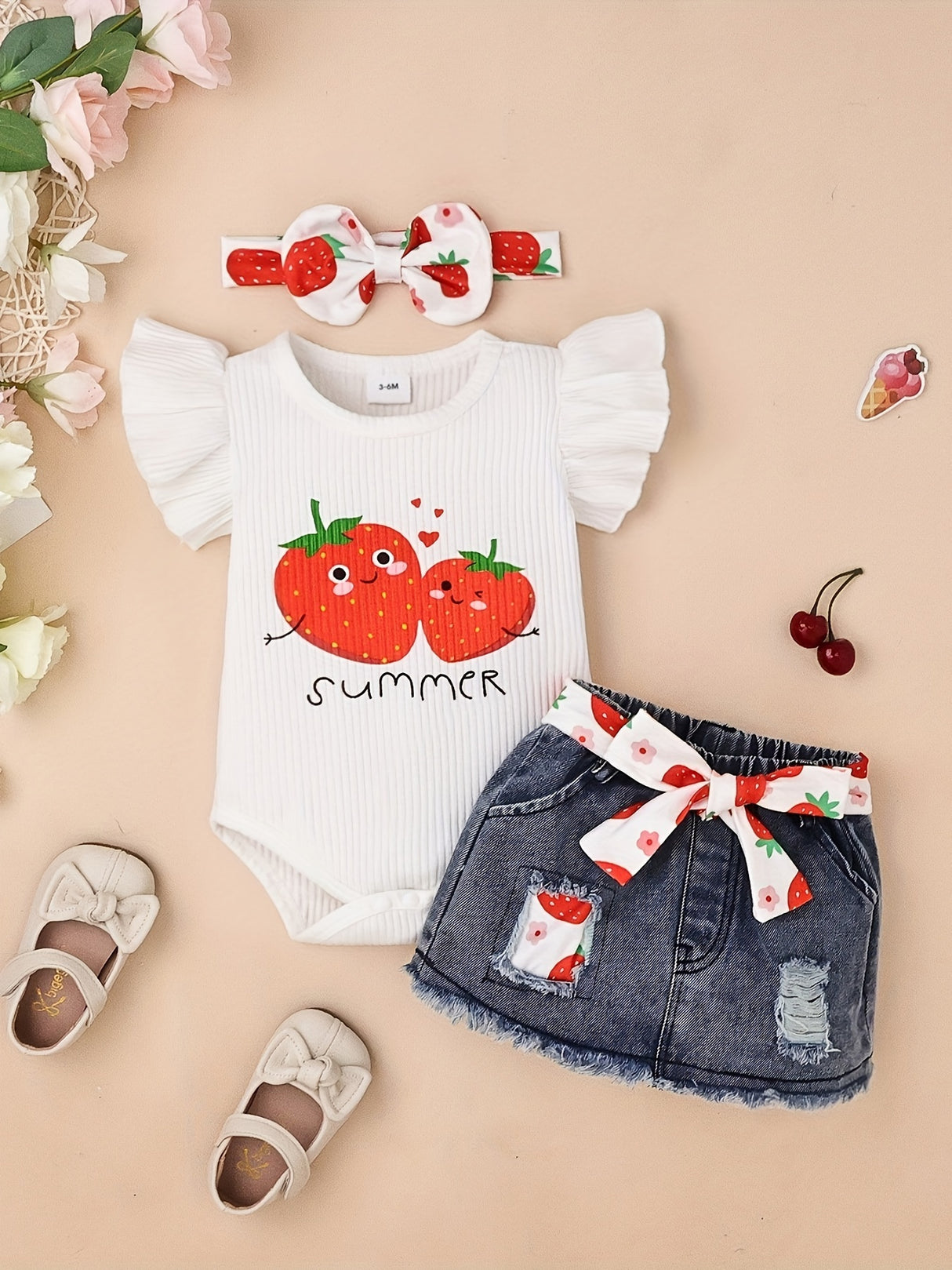 Baby Girl Clothes Strawberry Printed Fly Sleeve Top+Denim Skirt+Head Knot Three -Piece Set with 0 - 18Months, for Outdoor