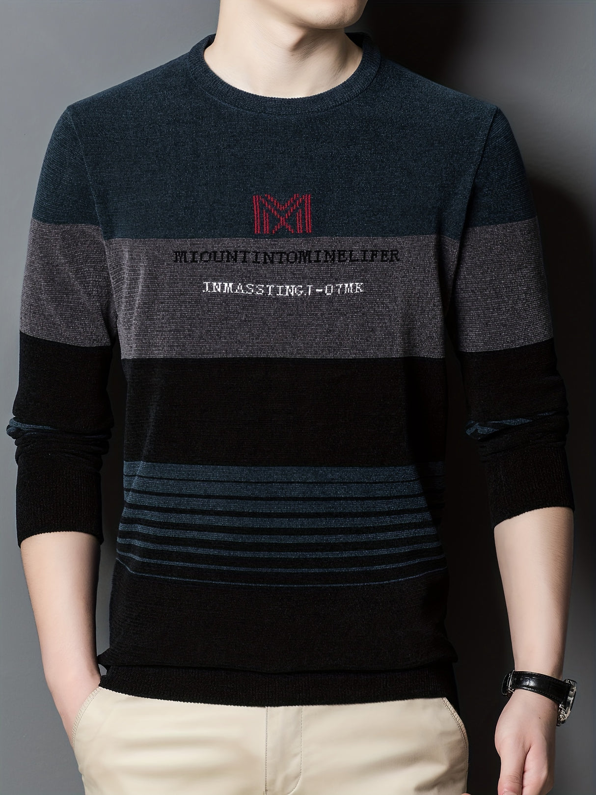 All Match Knitted Color Block Sweater, Men's Casual Warm High Stretch Crew Neck Pullover Sweater For Men Fall Winter
