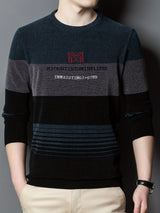 All Match Knitted Color Block Sweater, Men's Casual Warm High Stretch Crew Neck Pullover Sweater For Men Fall Winter
