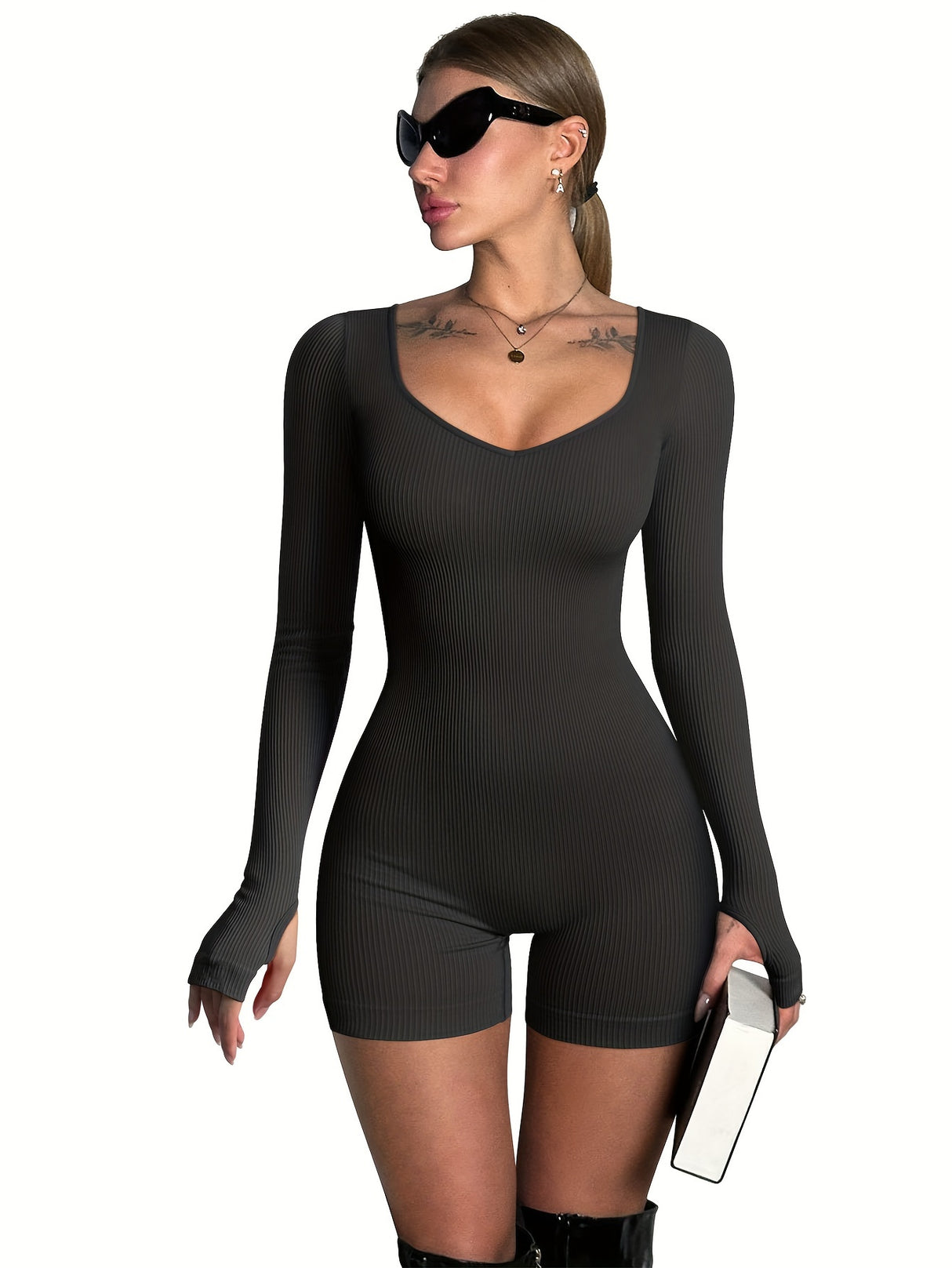 OQQ Women Yoga Rompers Ribbed Workout Long Sleeve Sweetheart V Neck Sport Jumpsuits Rompers