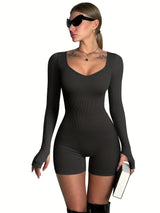 OQQ Women Yoga Rompers Ribbed Workout Long Sleeve Sweetheart V Neck Sport Jumpsuits Rompers
