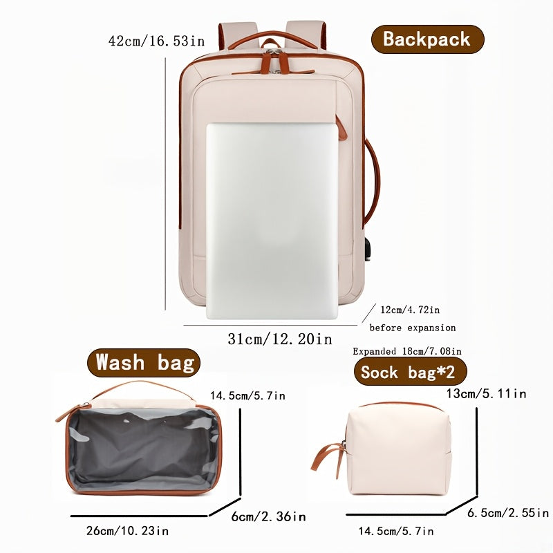 Expandable Large Capacity Backpack with Laptop Sleeve - Lightweight, Durable Oxford Travel & School Bag with Wet/Dry Compartment, Adjustable Straps, and Handheld Design - Beige with Brown Accents, School Shoulder Bag|Sleek De