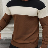 All Match Knitted Color Block Sweater, Men's Casual Warm High Stretch Crew Neck Pullover Sweater For Men Fall Winter
