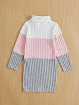 Girls Splicing Ribbed Knit Turtleneck Dress Kids Clothes Party Gift 3-8y