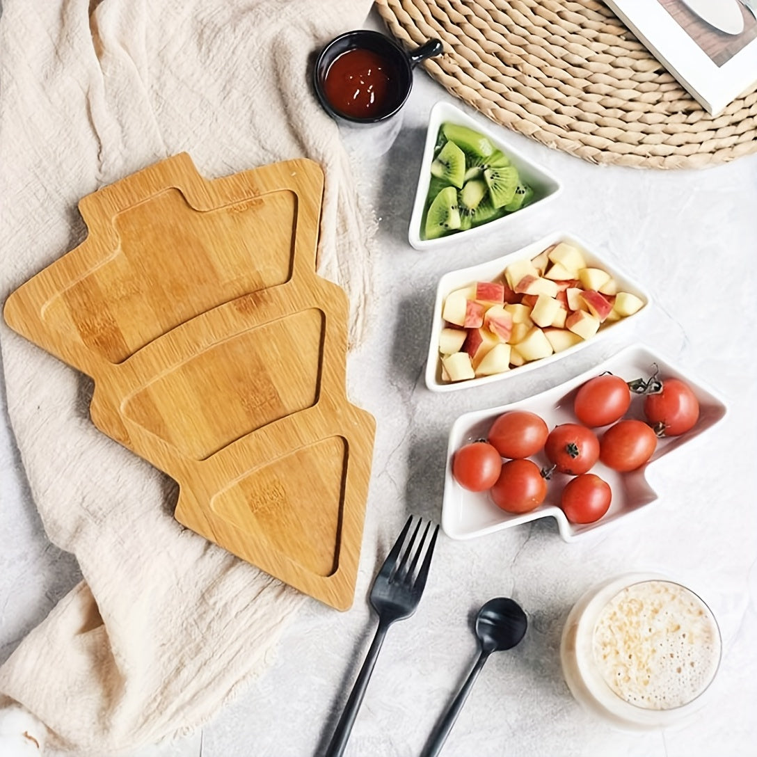 1set, Ceramic Breakfast Tray, Christmas Tree Shaped Plates Chip & Dip Set, Christmas Ceramic Snack Plate With Bamboo Tray, Removable Porcelain Tree Appetizer Dessert Fruit Salad Saucers Bowl, Cutlery Platter Serving Dish