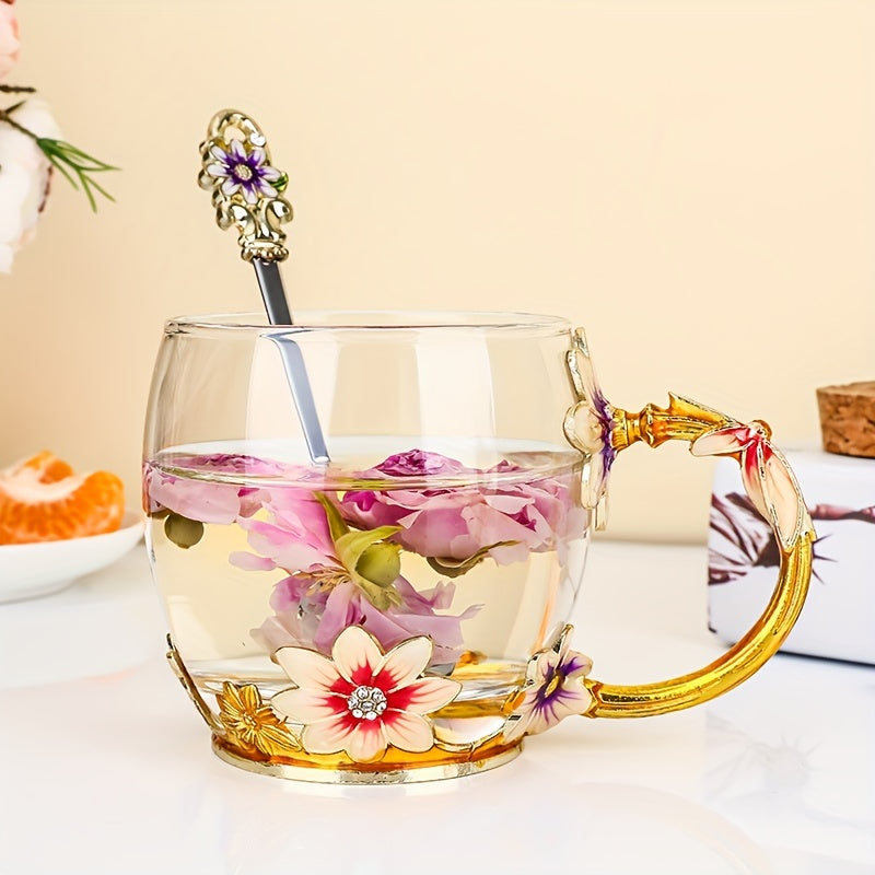 Set, Elegant Flower Pattern Tea Cup With Coaster And Spoon, 350ml/11.8oz Clear Glass Coffee Mug Set - Coffee Cups, Water Cups - For Summer & Winter - Suitable for Home & Office - Perfect Gift for Birthday