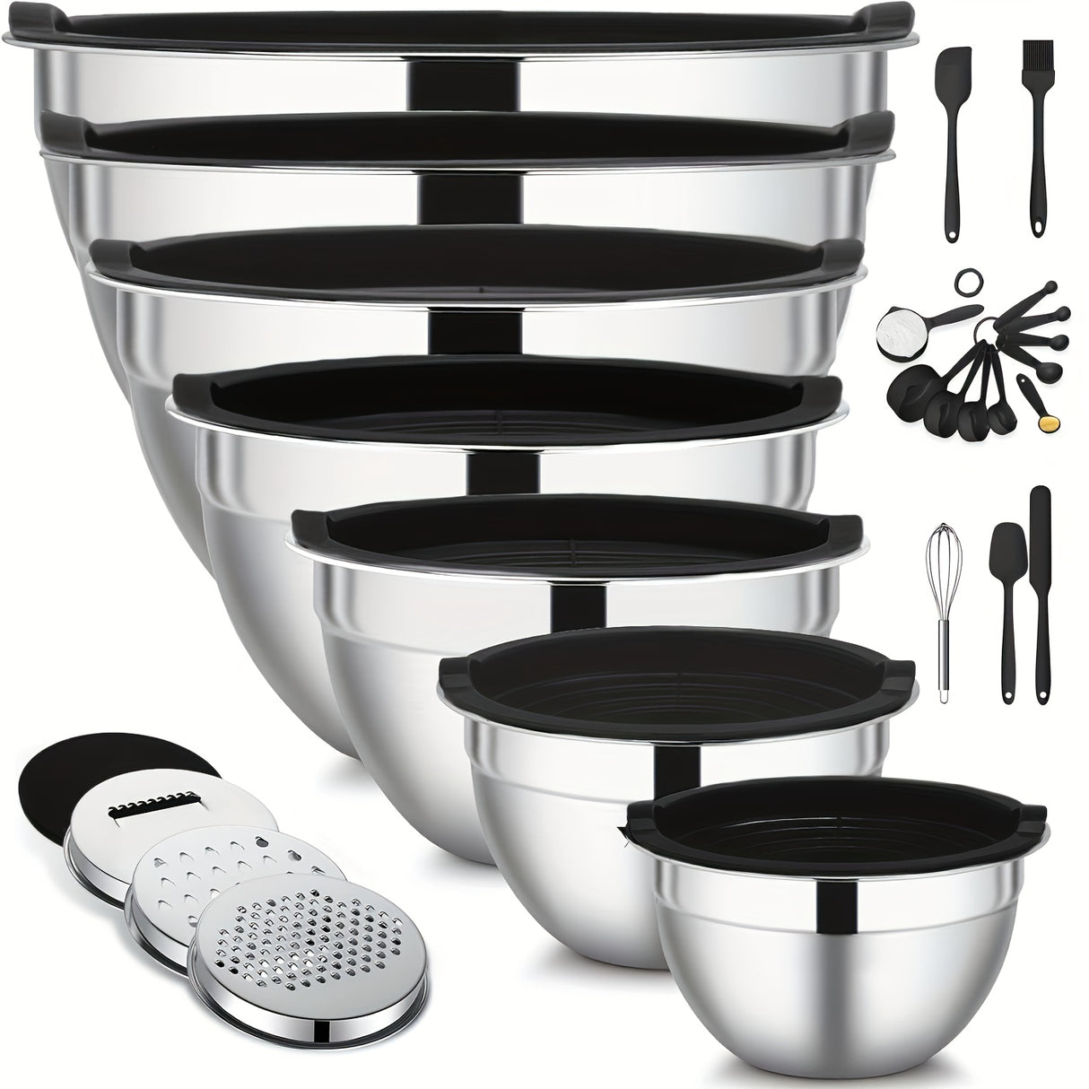 Mixing Bowls With Airtight Lids Set, 26PCS Stainless Steel Bowls With Grater Attachments, Non-Slip Bottoms & Kitchen Gadgets Set