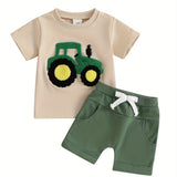 Toddler Boys Summer Outfits Truck Embroidered Round Neck Short Sleeve T-Shirts Elastic Waist Shorts 2pcs Clothes Set