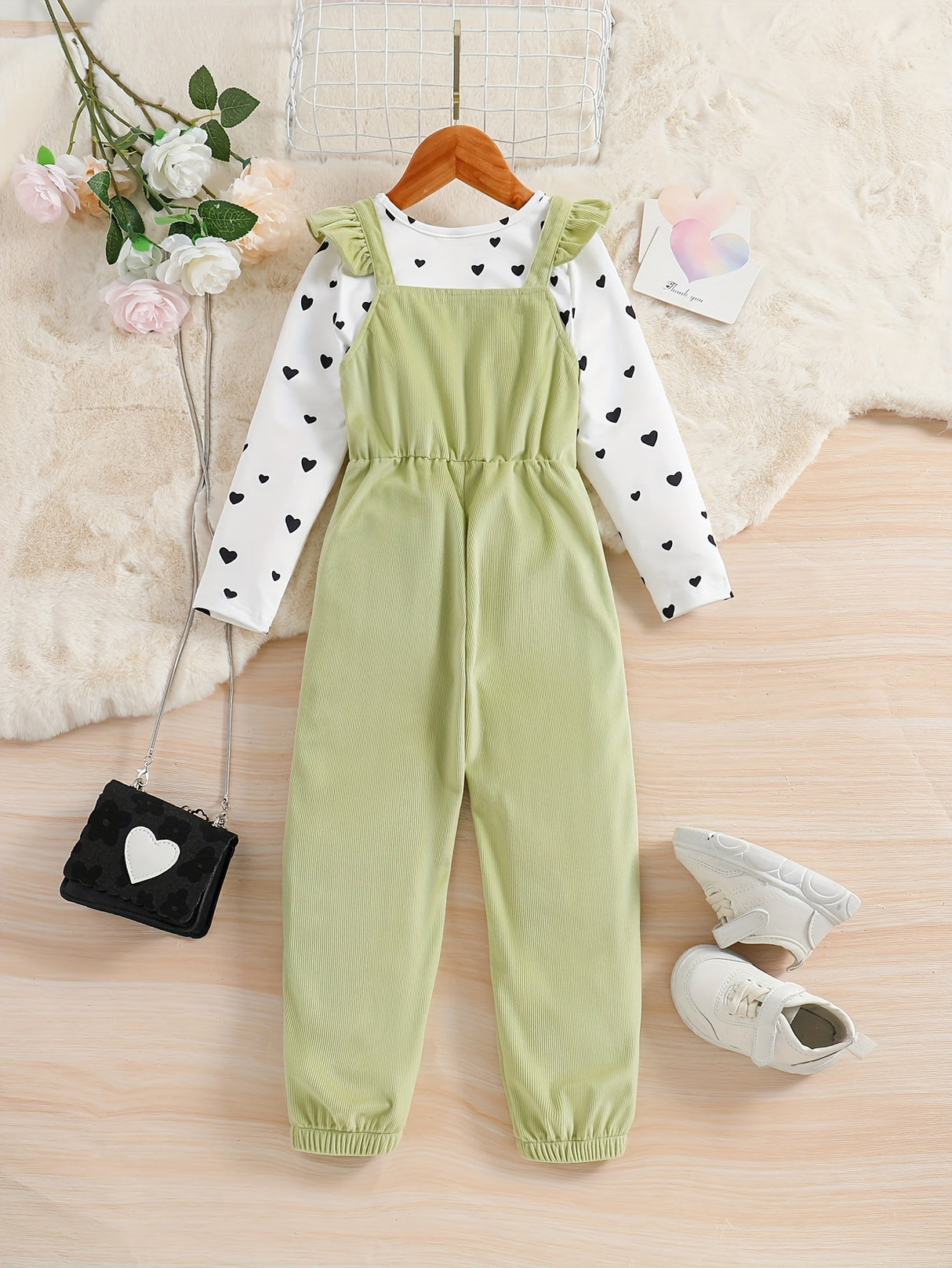 Girl's 2pcs, Bowknot Decor Corduroy Overalls & Heart Allover Print Top Set, Casual Outfits, Kids Clothes For Spring Fall
