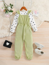 Girl's 2pcs, Bowknot Decor Corduroy Overalls & Heart Allover Print Top Set, Casual Outfits, Kids Clothes For Spring Fall