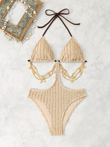 Chic & Slimming Beige One-Piece Swimsuit for Women - Sexy Halter Neck with Golden Chain Detail, Removable Pads, High-Cut Design, and Textured Fabric for a Stylish Beach Look, Bathing Suits