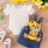 Baby Girl Outfit Summer Cute Strap Dress Set Headknot + Love Printed Climbing Clothes + Cowboy Bear Embroidered Strap Dress Three Piece Set With 0-18 Months, for Outdoor