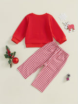 Toddler Boys Christmas Outfits Santa/Truck Embroidery Long Sleeve Sweatshirts and Plaid Long Pants 2Pcs Clothes Set