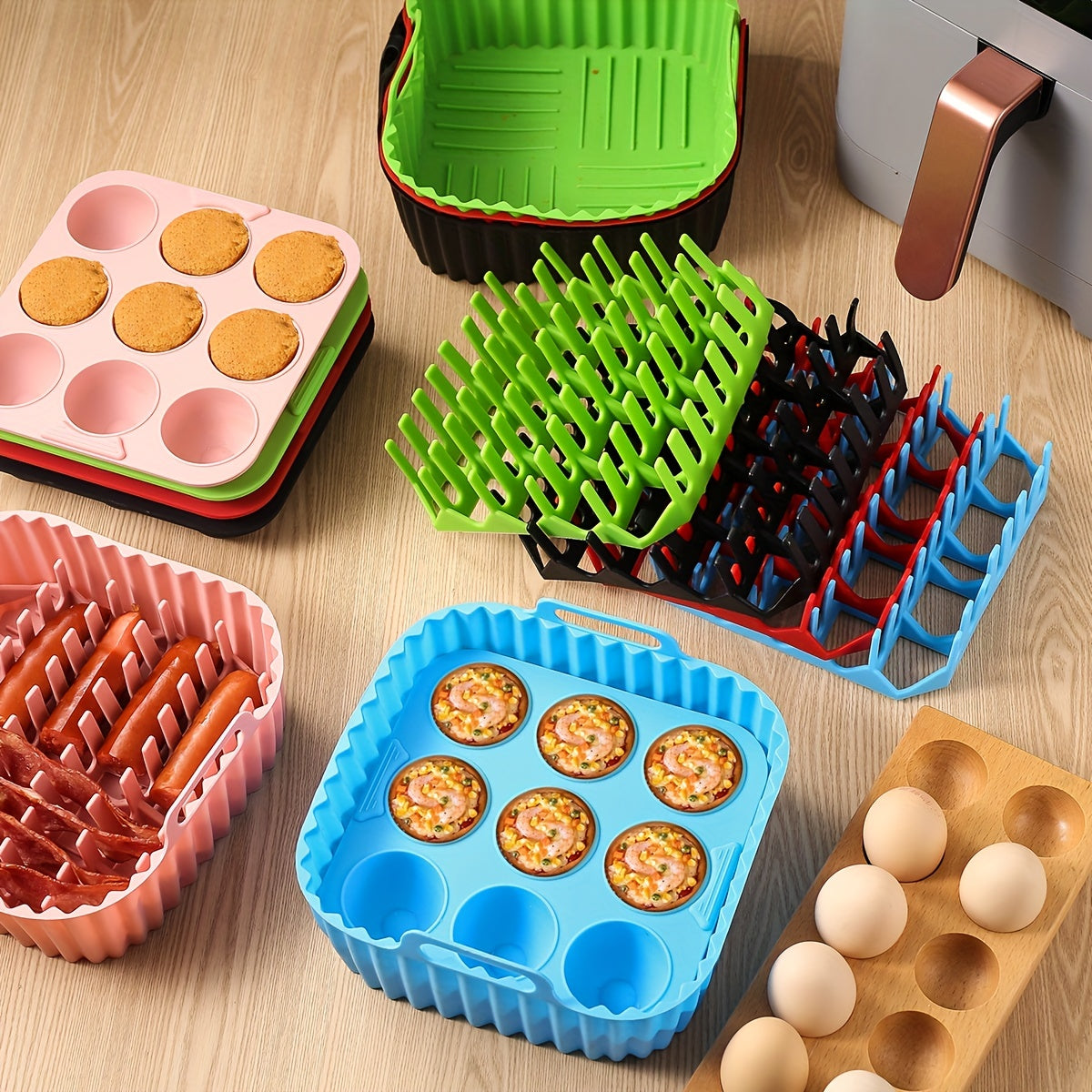 [9-Cavity Cake Mold Air Fryer Set] 1set, Premium Square Air Fryer Silicone Set - Bacon & Hot Dog Rack, 9-Cavity Cake Mold, Air Fryer Pan - BPA-Free, Dishwasher Safe - Compatible With 7QT+ Air Fryers