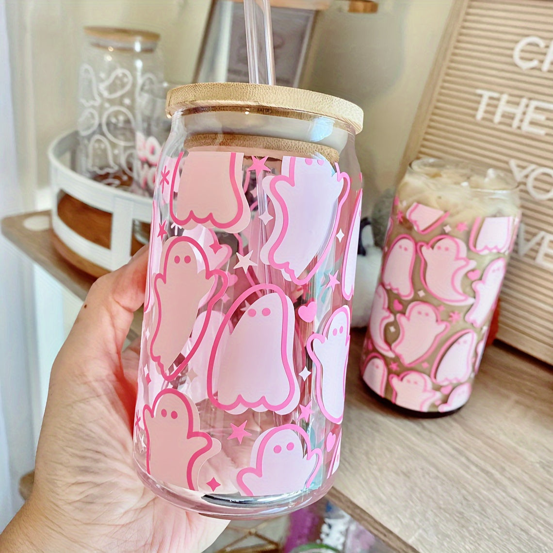 Quirky Pink Ghost 16oz Drinking Glass - Lid & Straw Set, Can-Shaped Iced Coffee Cup for Tea, Juice & Milk, Perfect Birthday & Halloween Gifts, Uniquely Fun Drinkware