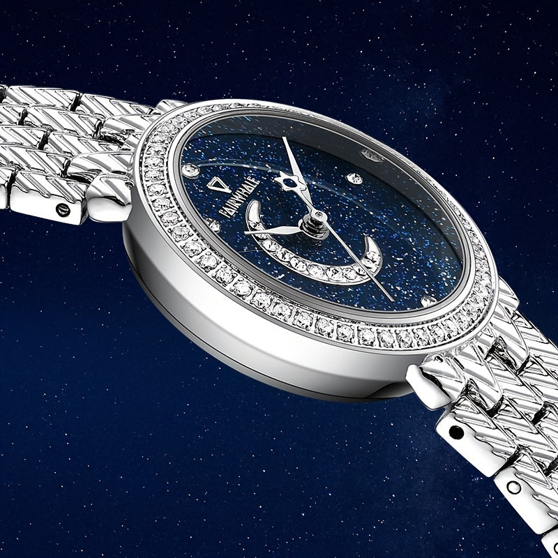 Round Quartz Watches Stainless Steel Strap Alloy Pointer Stainless Steel Rhinestone Dial Luminous Moon Phase Starry Sky Watches Gifts For Eid