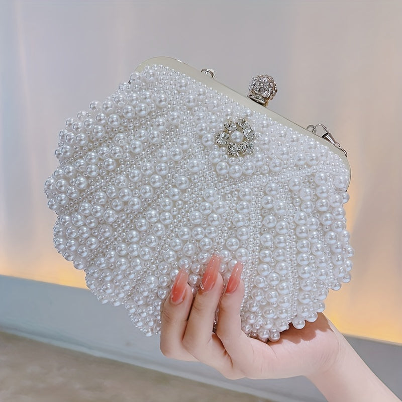 Shiny Event Clutch Bag, Buckle Metal Chain Handbag, Floral Handle Party Bag For Wedding