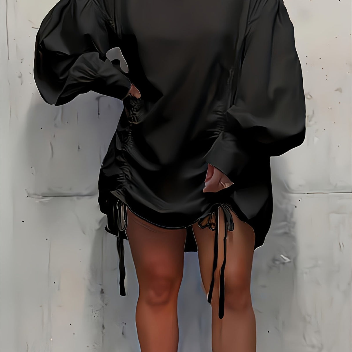 Elegant Polyester Bodycon Dress for Women - Spring/Summer Crew Neck Solid Color with Lantern Sleeves and Drawstring Detail