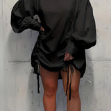 Elegant Polyester Bodycon Dress for Women - Spring/Summer Crew Neck Solid Color with Lantern Sleeves and Drawstring Detail